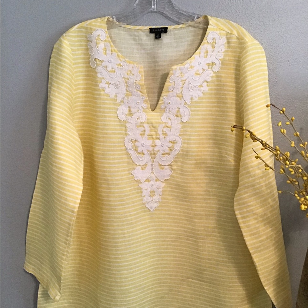 Talbots Yellow Stripe Linen Beaded Tunic